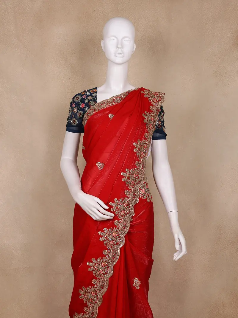 Crimson Red Floral Embroidered Tissue Organza Saree With Navy Blue Floral Blouse 2