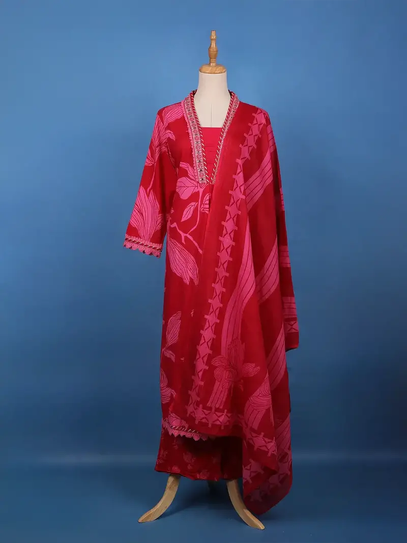 Crimson Red Floral Printed Cotton Salwar Suit Set 1