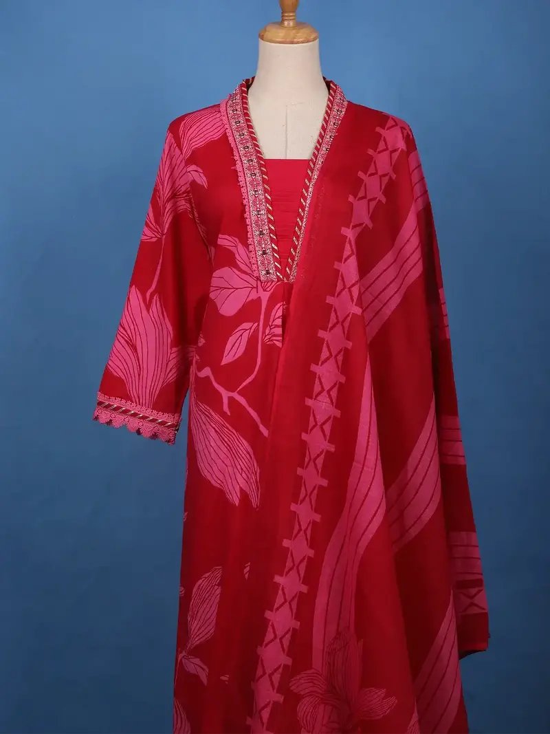 Crimson Red Floral Printed Cotton Salwar Suit Set 2