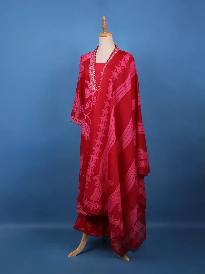 Crimson Red Floral Printed Cotton Salwar Suit Set 3