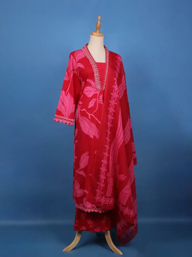Crimson Red Floral Printed Cotton Salwar Suit Set 4