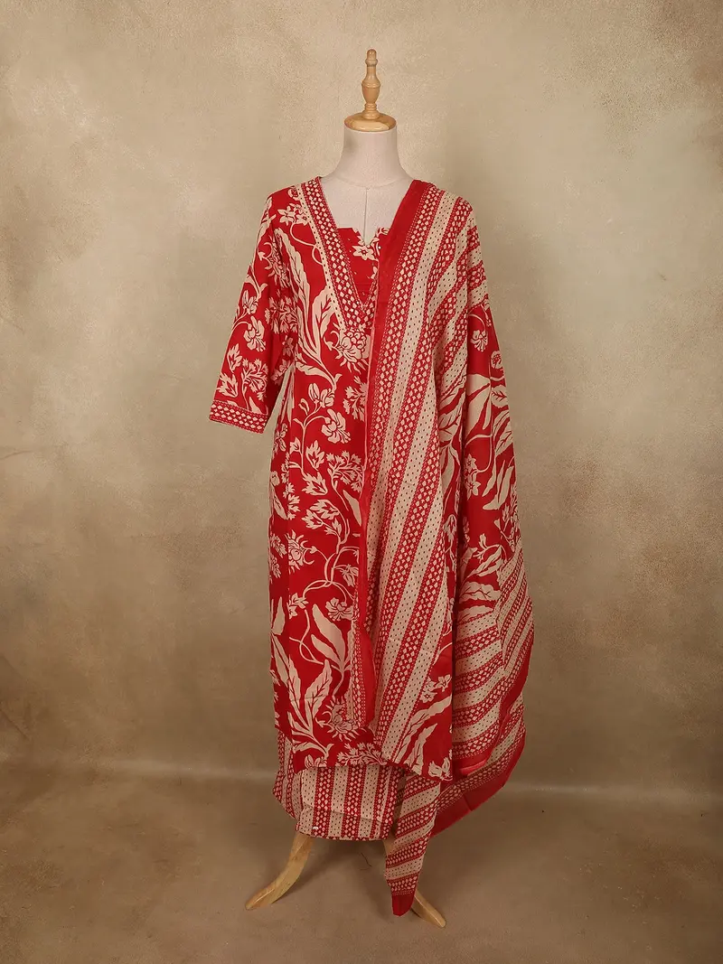 Crimson Red Floral Printed Design Cotton Straight Cut Salwar Suit With Dupatta 1