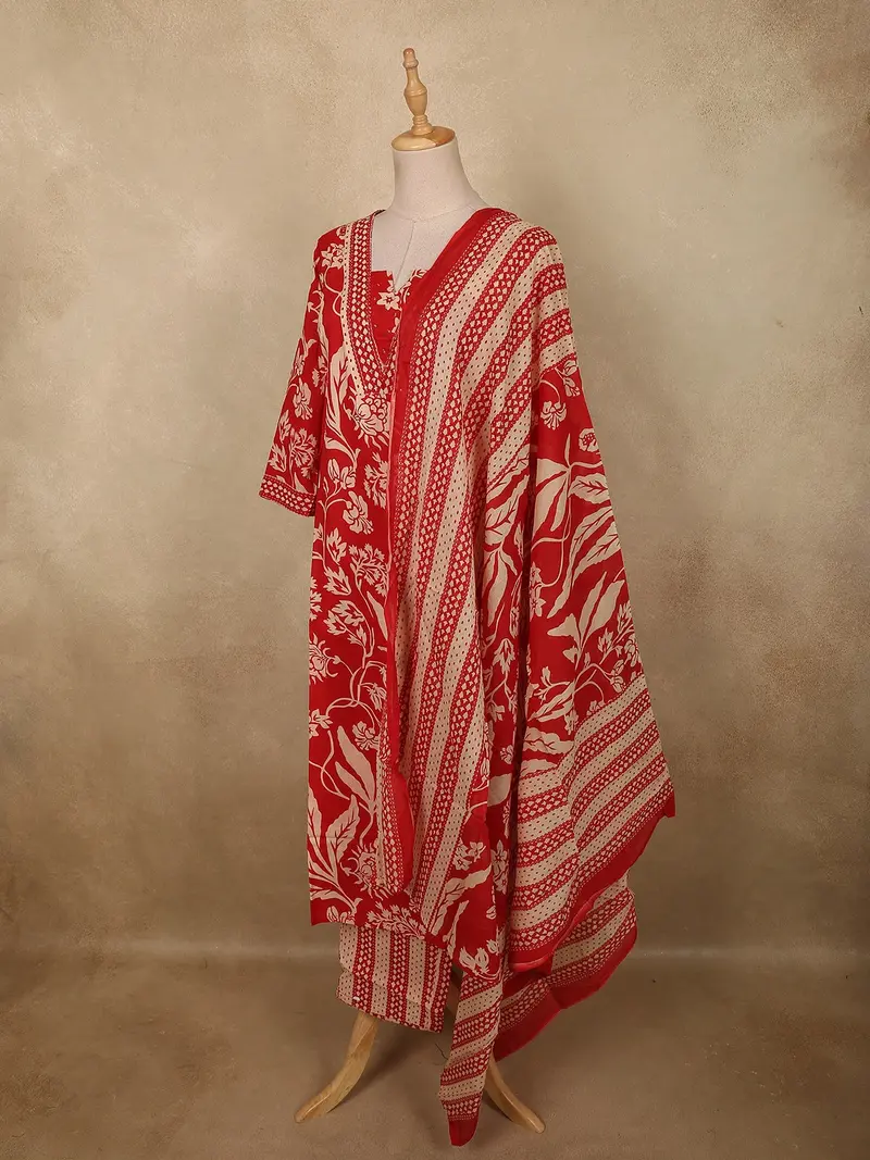 Crimson Red Floral Printed Design Cotton Straight Cut Salwar Suit With Dupatta 3