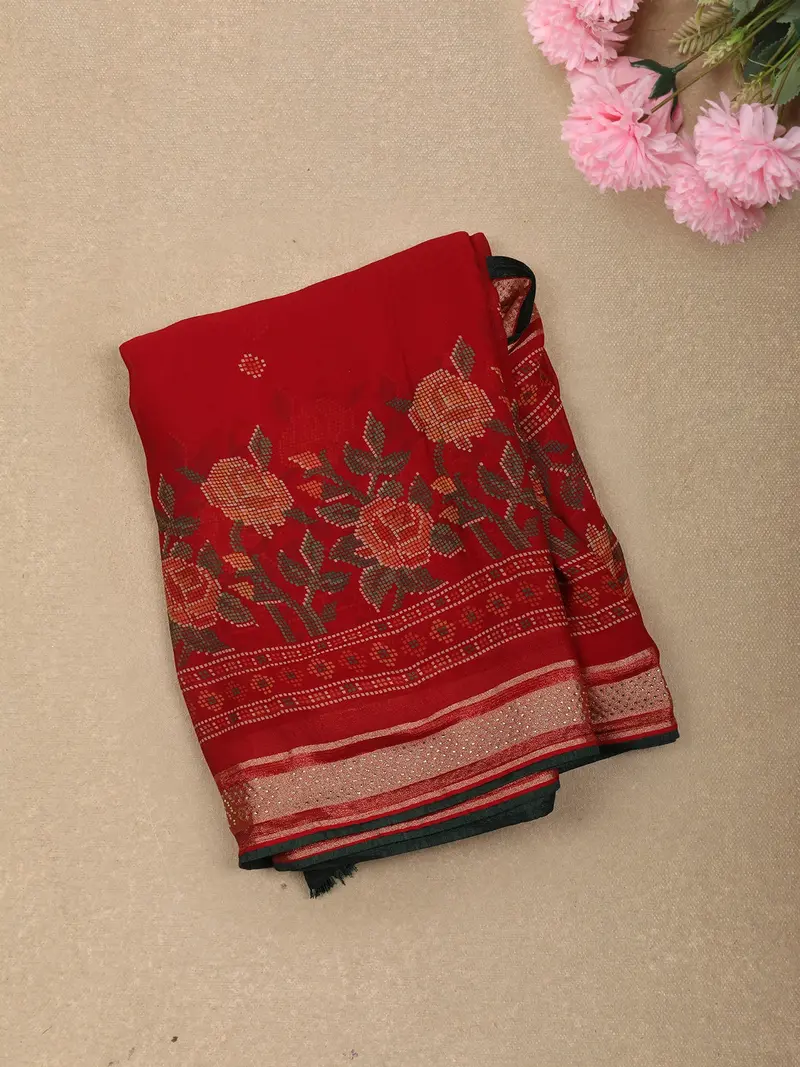 Crimson Red Floral Printed Design Georgette Casual Wear Saree 1