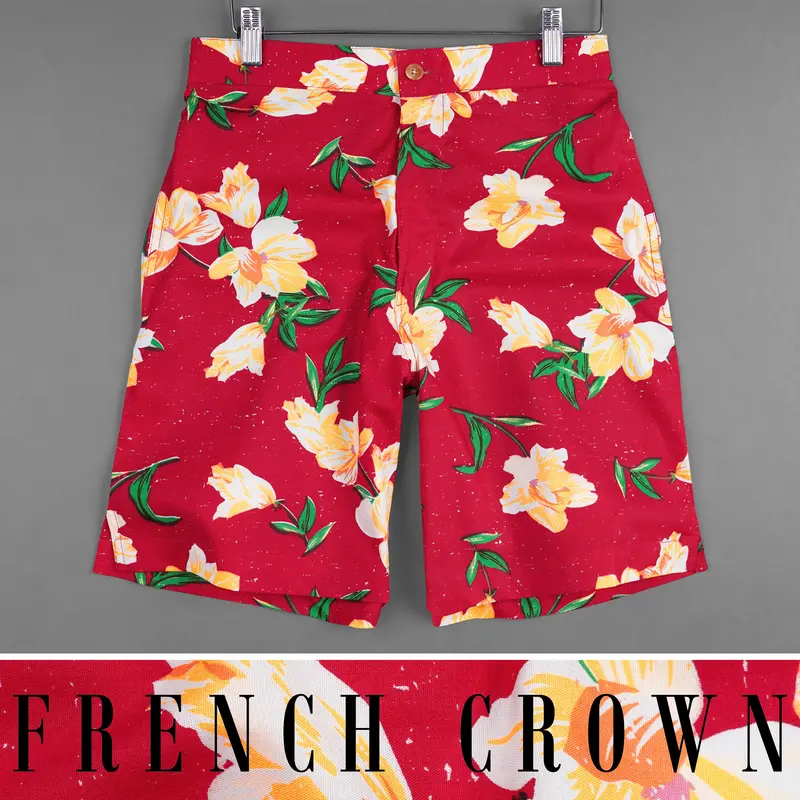 Crimson Red Floral Printed Premium Cotton Designer Shorts 1