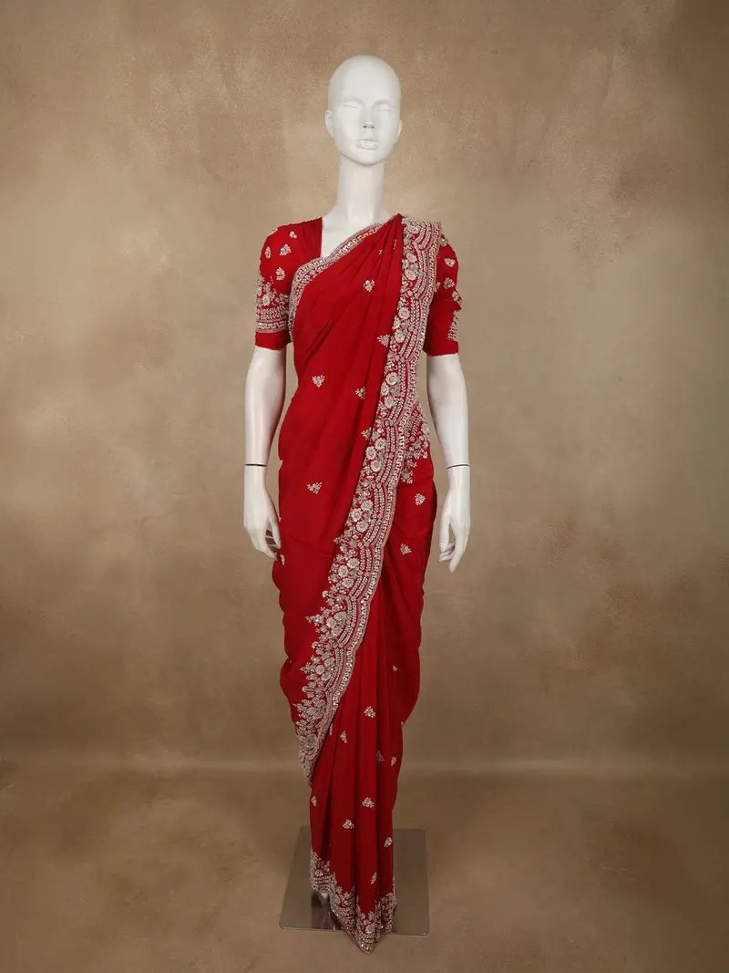 Crimson Red Floral Sequins And Beads Embroidered Design Satin Designer Saree With Scalloped Border 1
