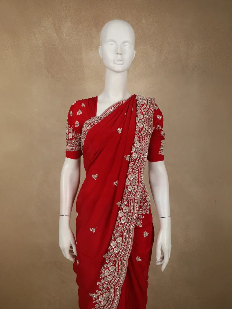 Crimson Red Floral Sequins And Beads Embroidered Design Satin Designer Saree With Scalloped Border 2