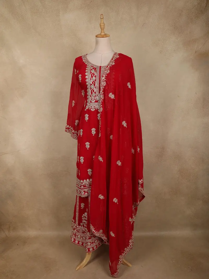 Crimson Red Floral Zari Embroidered Design Georgette Palazzo Suit With Dupatta 1