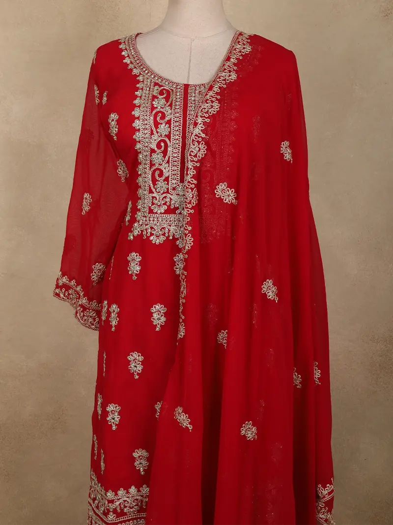 Crimson Red Floral Zari Embroidered Design Georgette Palazzo Suit With Dupatta 2