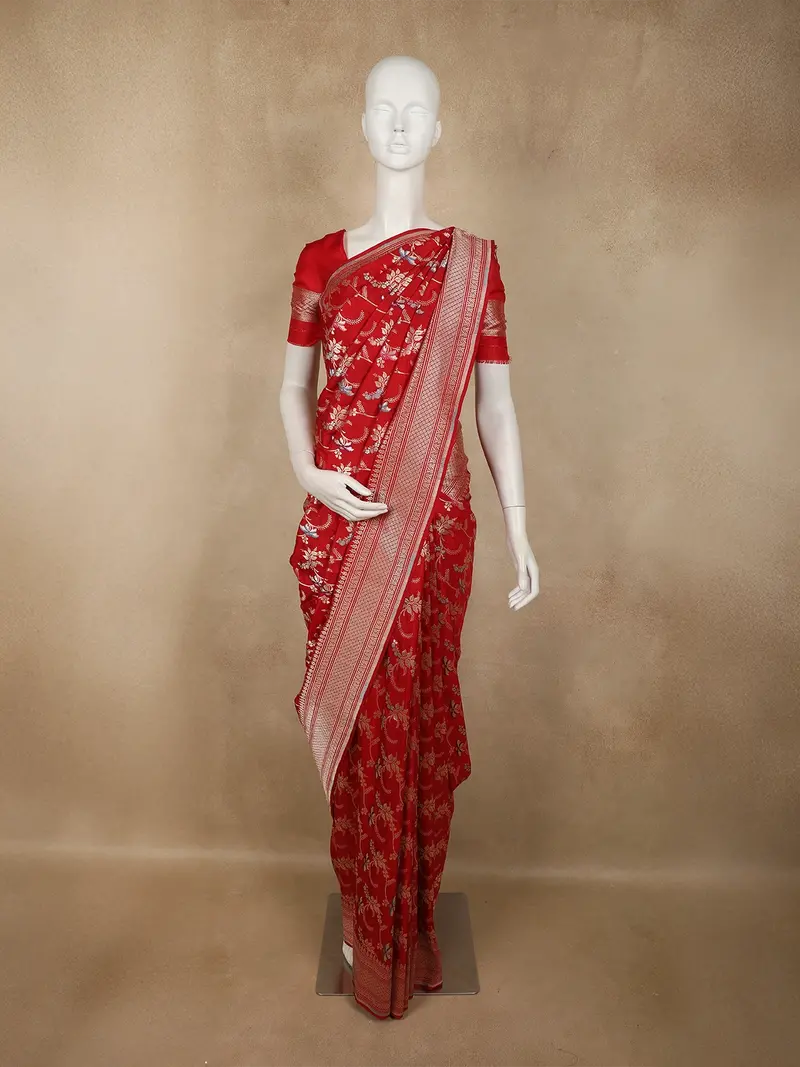Crimson Red Floral Zari Woven Design Pure Banarasi Silk Saree With Zari Border 1