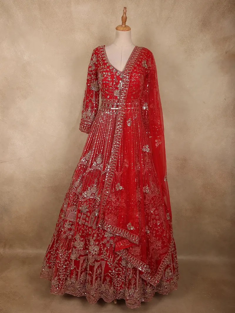 Crimson Red Heavy Sequins And Beads Embroidered Design Net Gown With Dupatta 1