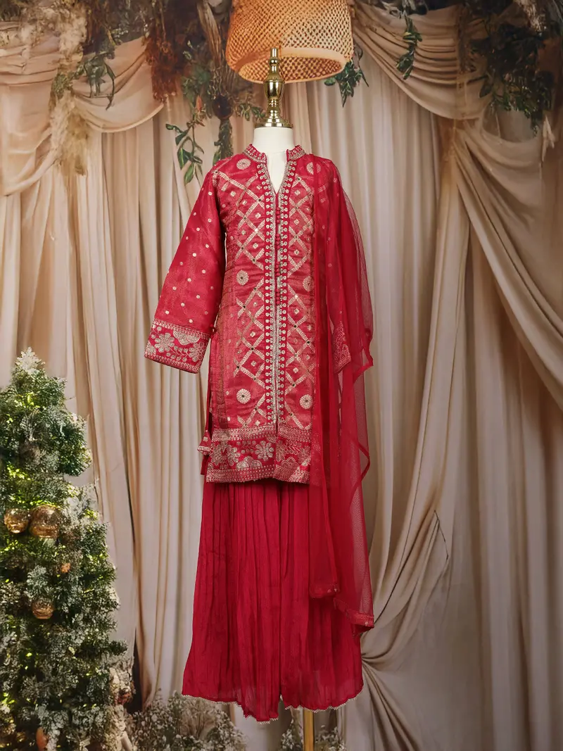 Crimson Red Mirror And Embroidered Design Tissue Silk Kids Palazzo Suit 1