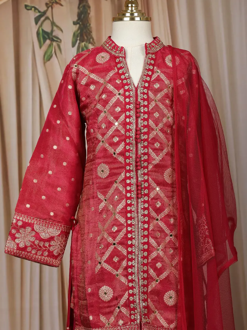 Crimson Red Mirror And Embroidered Design Tissue Silk Kids Palazzo Suit 2