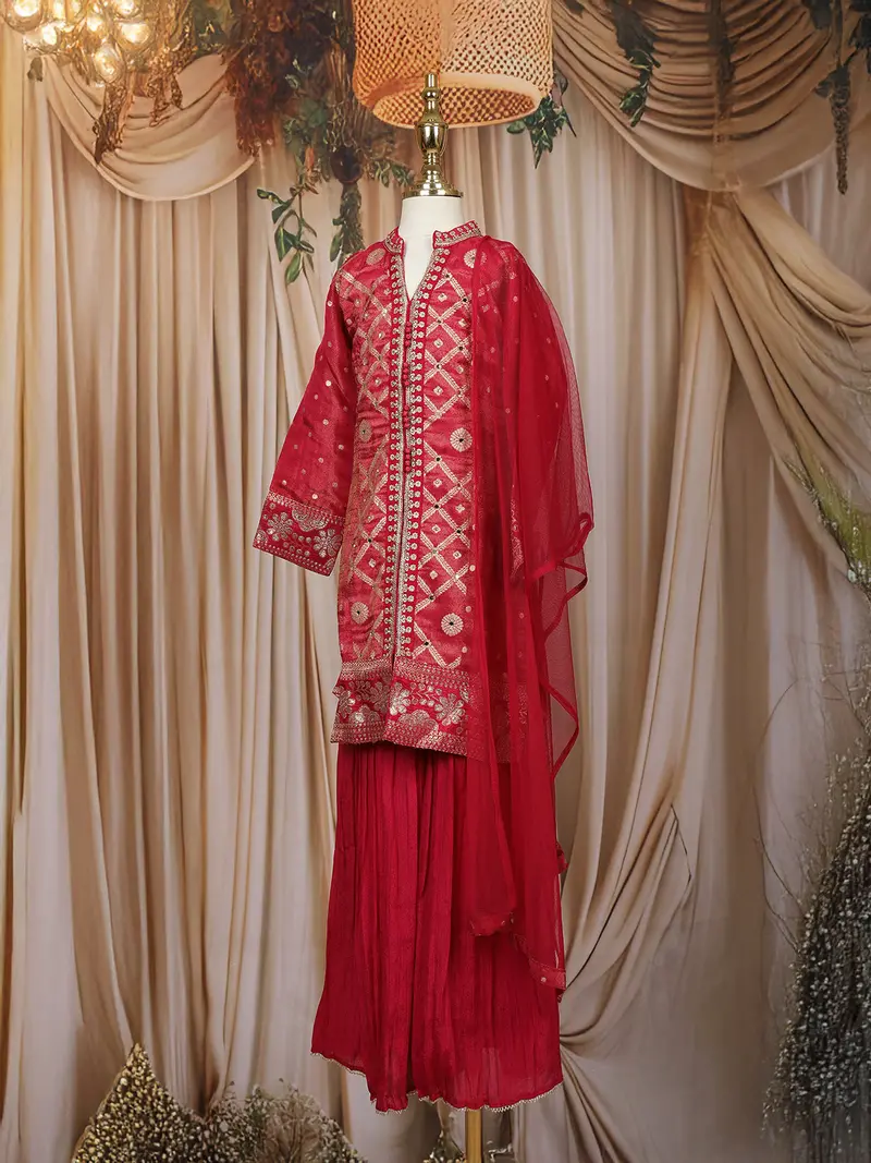 Crimson Red Mirror And Embroidered Design Tissue Silk Kids Palazzo Suit 3