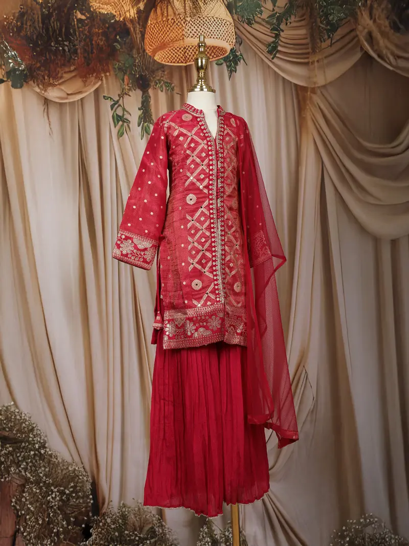 Crimson Red Mirror And Embroidered Design Tissue Silk Kids Palazzo Suit 4