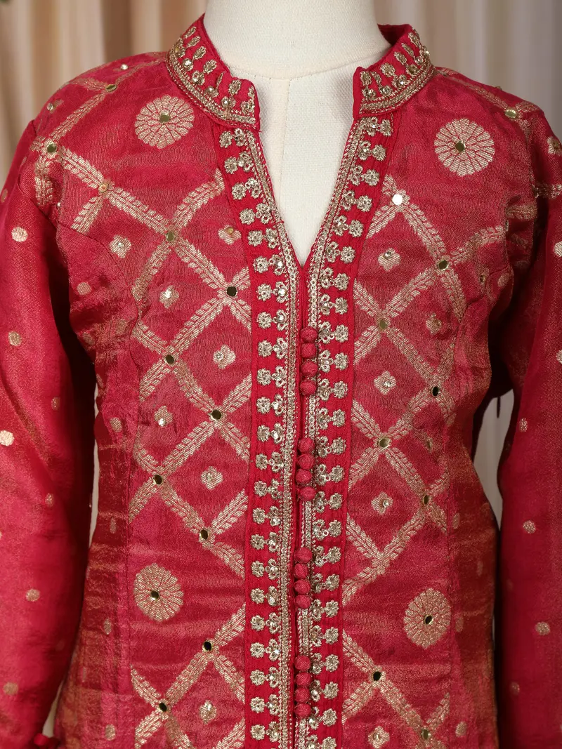 Crimson Red Mirror And Embroidered Design Tissue Silk Kids Palazzo Suit 5