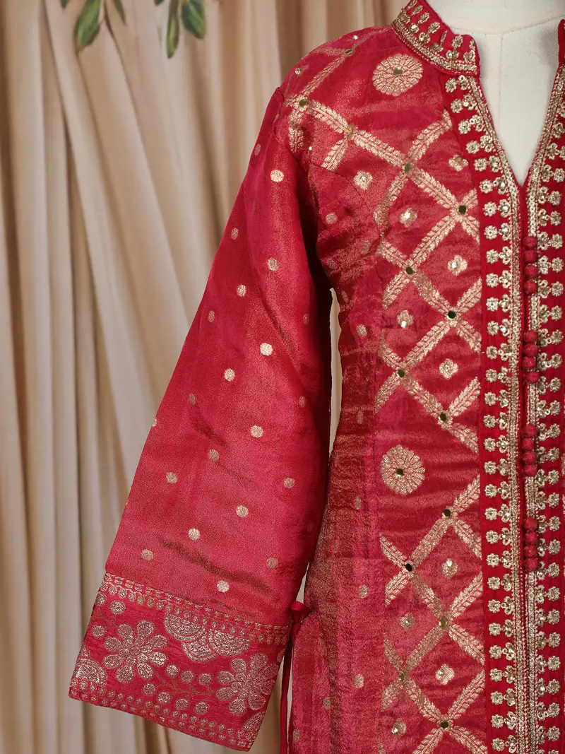 Crimson Red Mirror And Embroidered Design Tissue Silk Kids Palazzo Suit 6