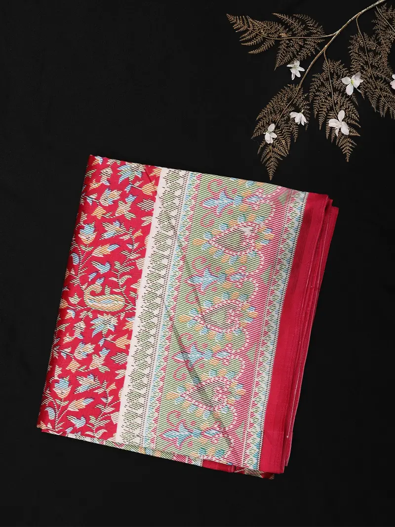 Crimson Red Paisley Printed Design Crepe Silk Saree 1