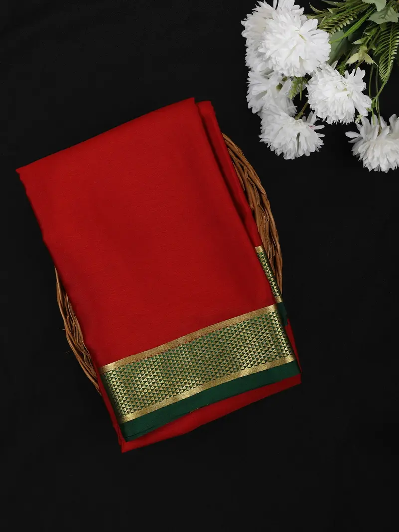 Crimson Red Solid Design Mysore Silk Saree With Contrast Border 1