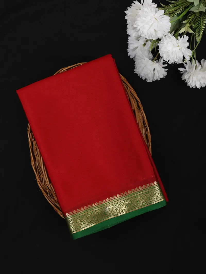Crimson Red Solid Design Mysore Silk Saree With Contrast Border 1