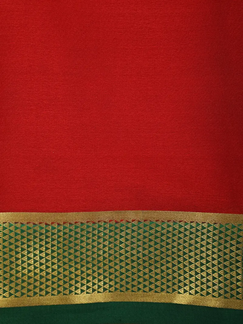 Crimson Red Solid Design Mysore Silk Saree With Contrast Border 2