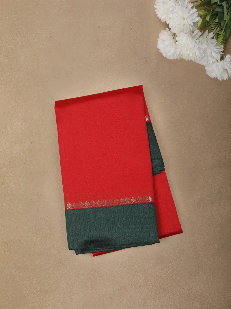 Crimson Red Solid Design Semi Silk Fancy Wear Saree With Contrast Border 1