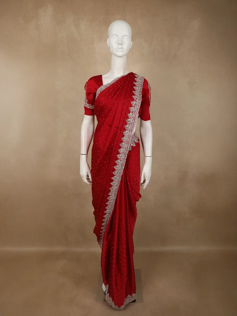 Crimson Red Stone Embellished Design Satin Designer Saree With Scalloped Border 1