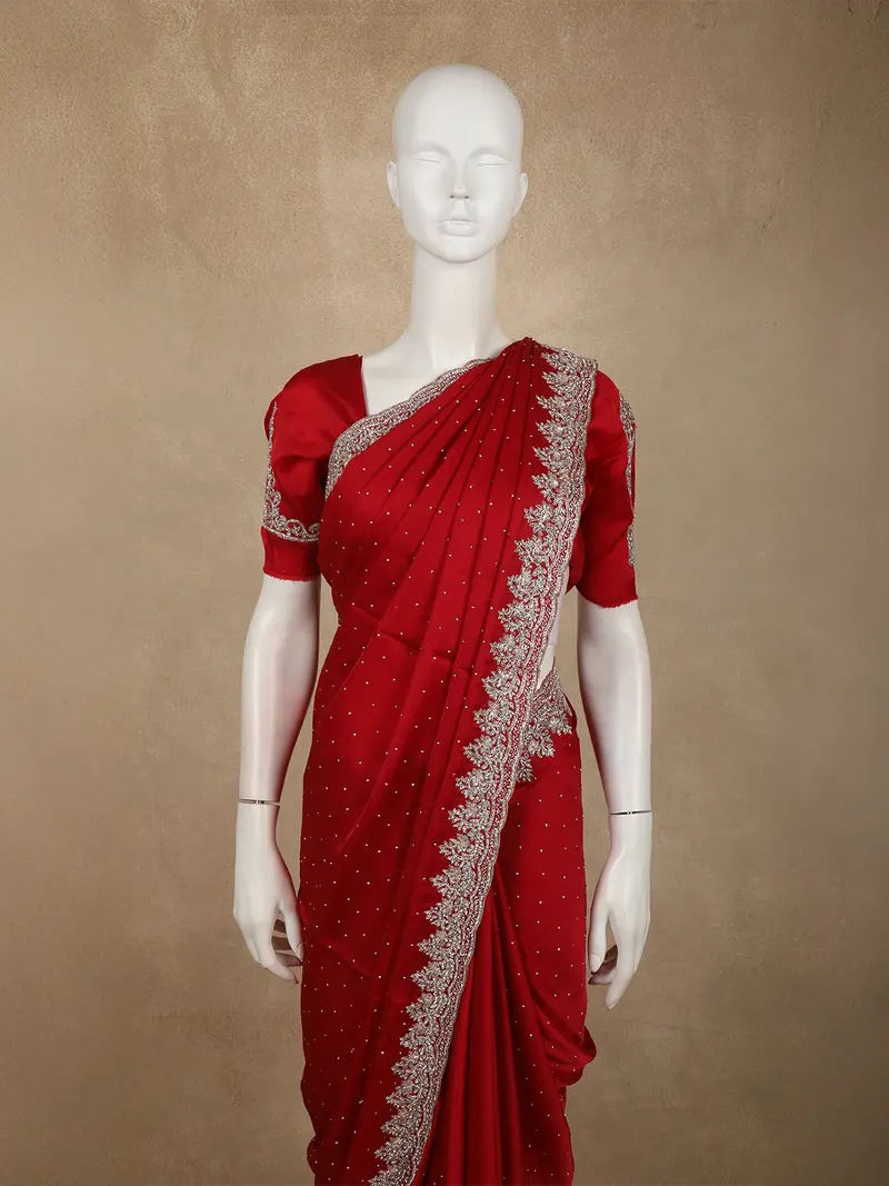 Crimson Red Stone Embellished Design Satin Designer Saree With Scalloped Border 2