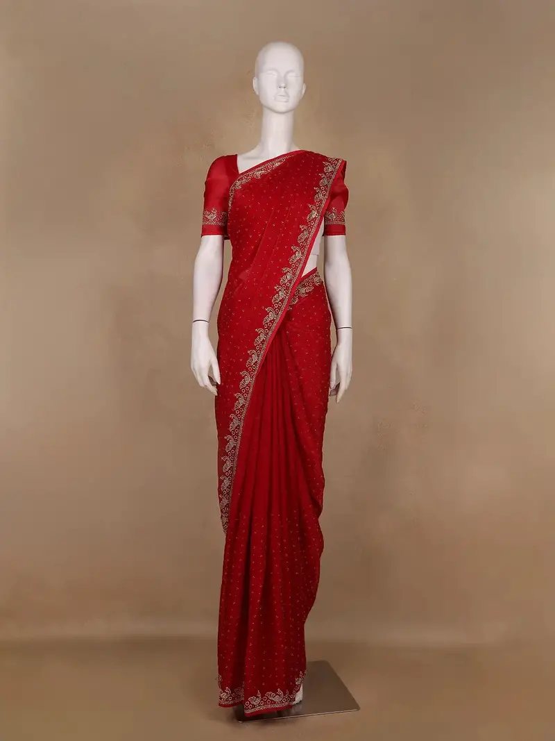 Crimson Red Stone Worked Satin Saree 1