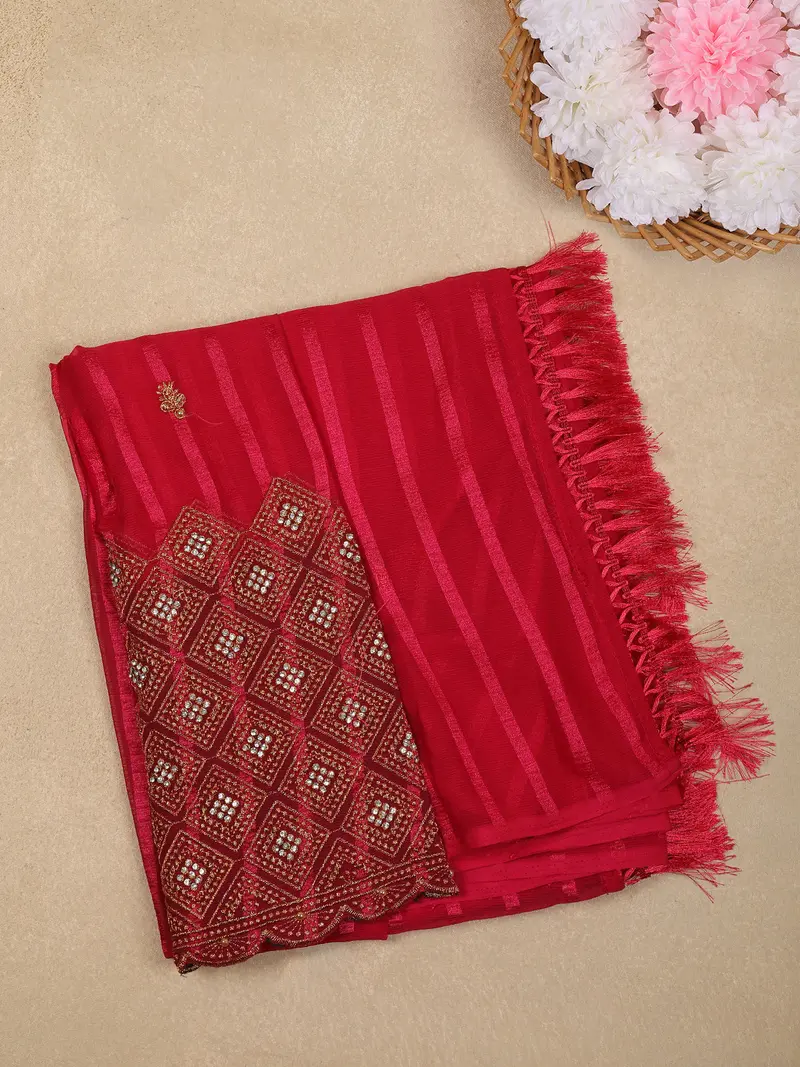 Crimson Red Striped Design Georgette Saree With Designer Blouse 1