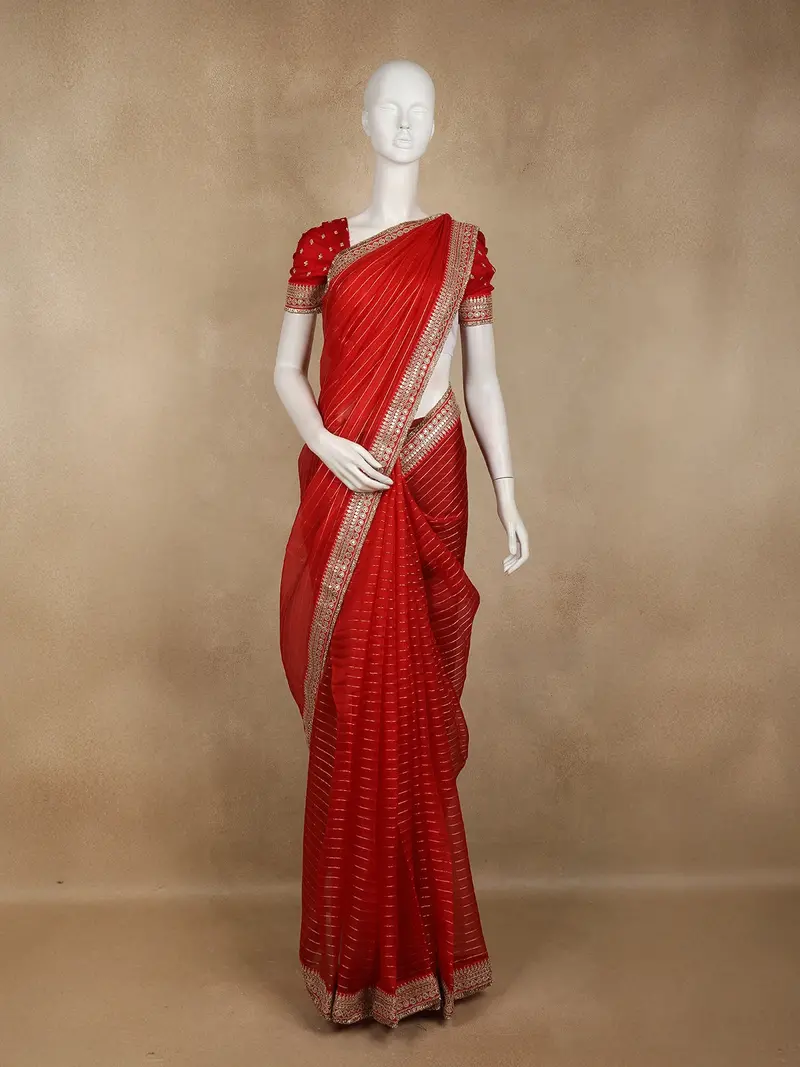 Crimson Red Striped Design Organza Saree With Embroidered Border 1