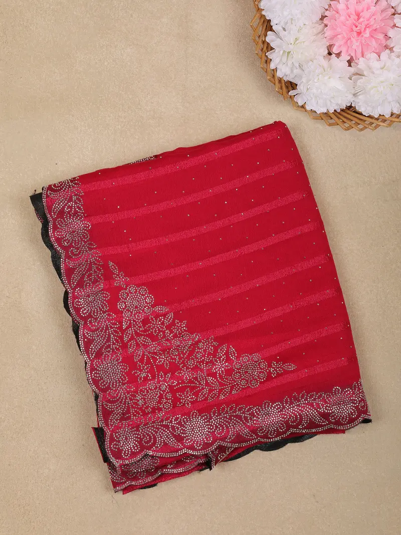 Crimson Red Striped Floral Design Georgette Saree 1
