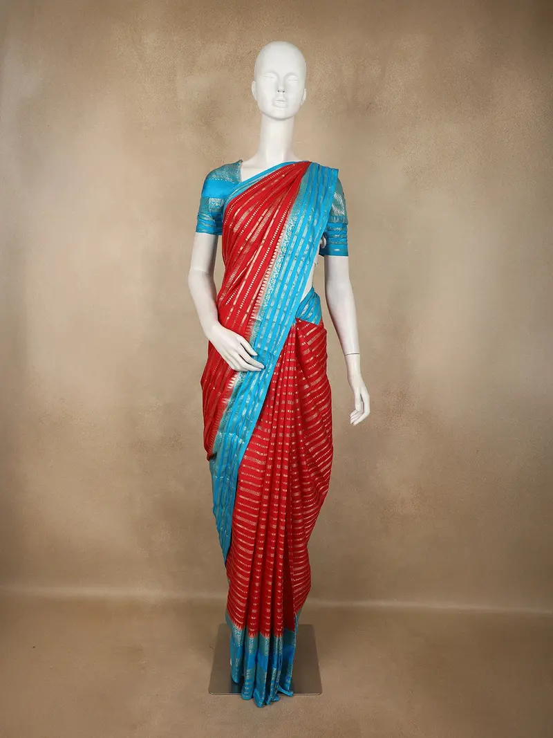 Crimson Red Striped Zari Woven Design Banarasi Fancy Saree With Contrast Border 1