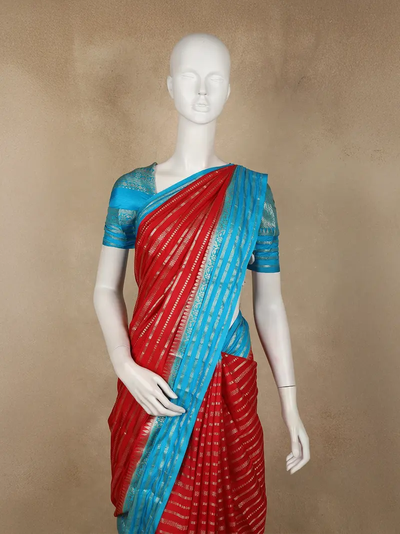 Crimson Red Striped Zari Woven Design Banarasi Fancy Saree With Contrast Border 2