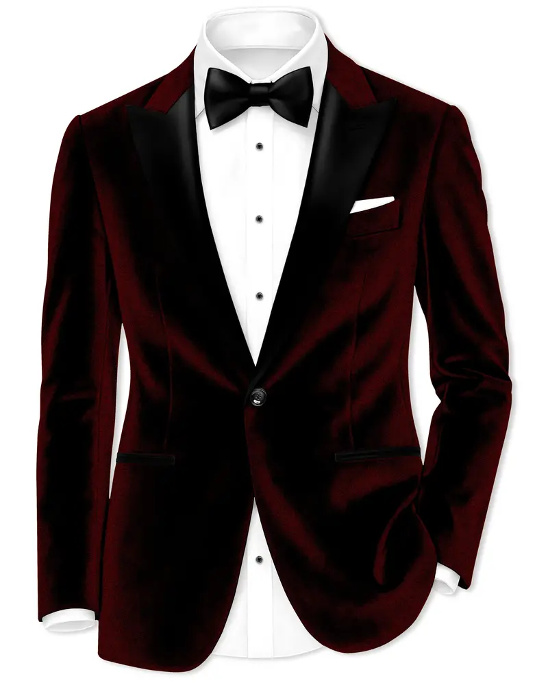 Crimson-Sepia Red Velvet Peak Lapel Tuxedo Blazer 1