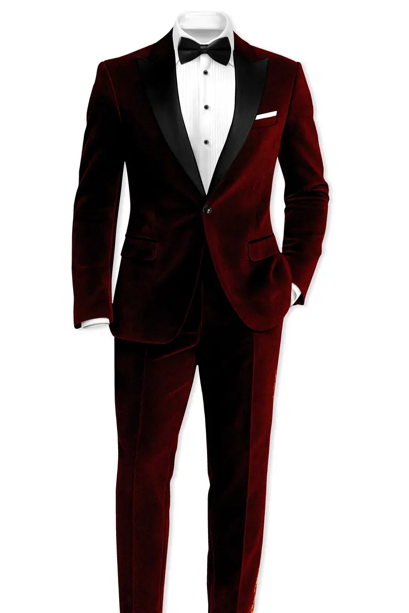 Crimson-Sepia Red Velvet Peak Lapel Tuxedo Blazer 10