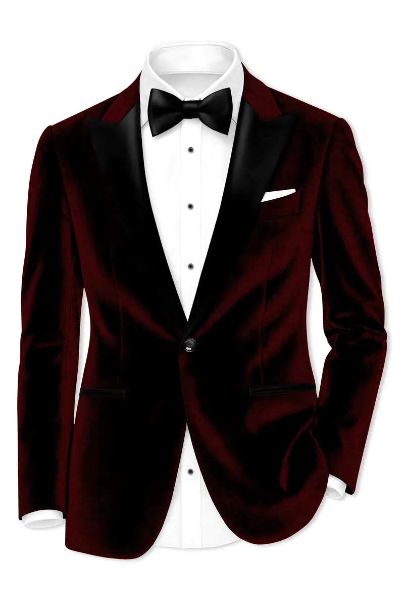 Crimson-Sepia Red Velvet Peak Lapel Tuxedo Blazer 2