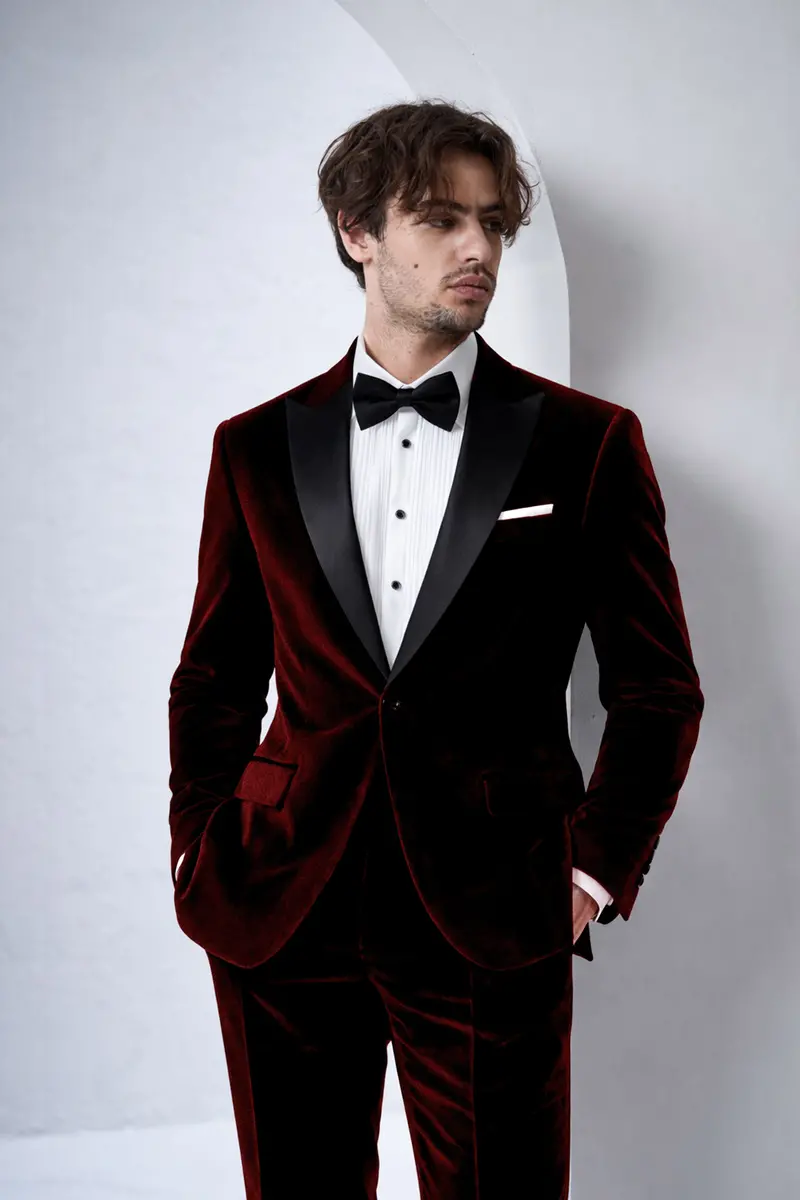 Crimson-Sepia Red Velvet Peak Lapel Tuxedo Blazer 4