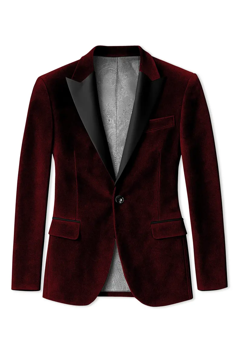 Crimson-Sepia Red Velvet Peak Lapel Tuxedo Blazer 8