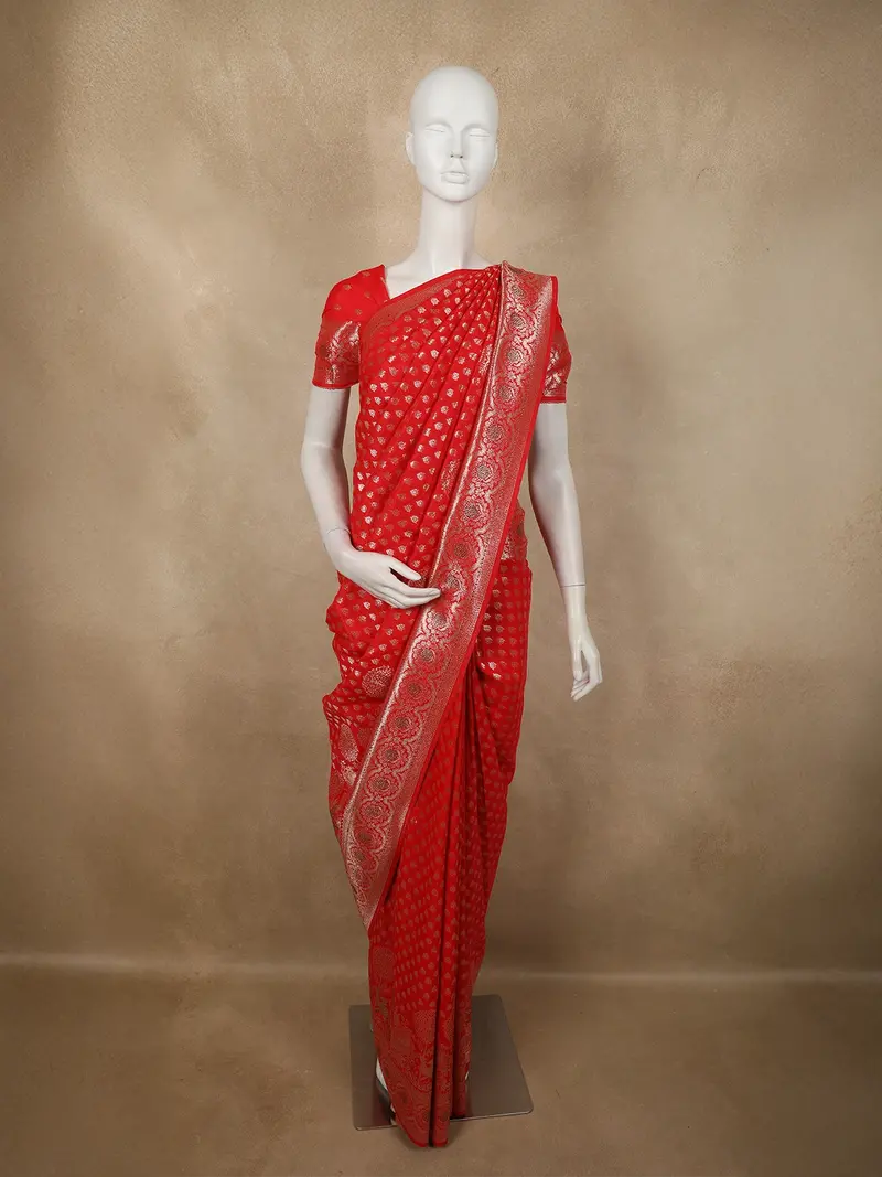 Crimson Vermilion Red Butta Zari Woven Design Banarasi Silk Designer Saree With Stone Work Border 1