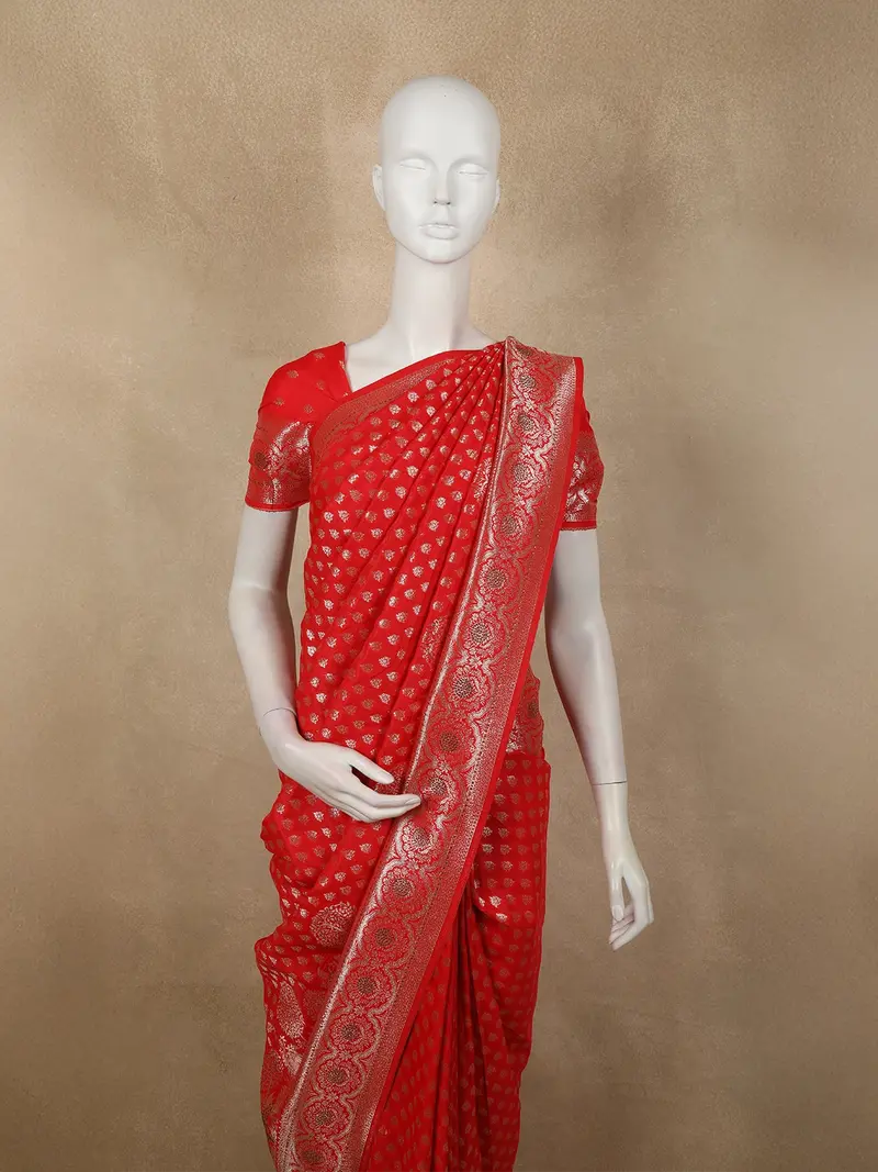 Crimson Vermilion Red Butta Zari Woven Design Banarasi Silk Designer Saree With Stone Work Border 2