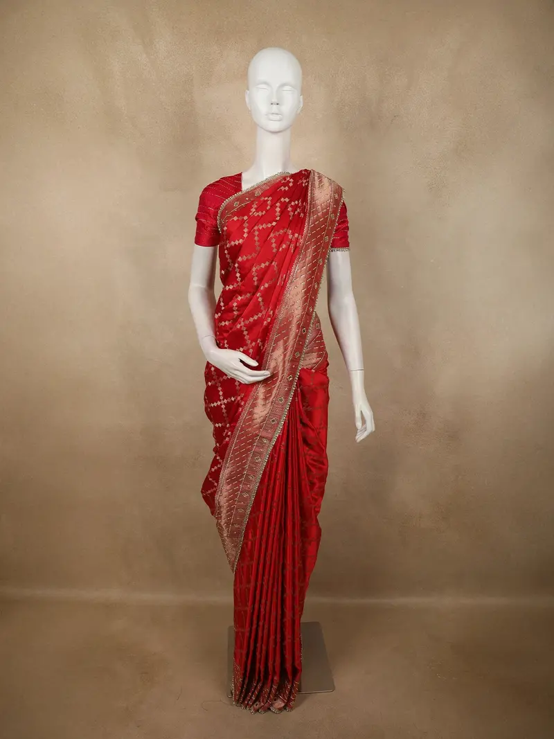 Crimson Vermilion Red Geometric Zari Woven Design Banarasi Silk Designer Saree With Stone Work Border 1