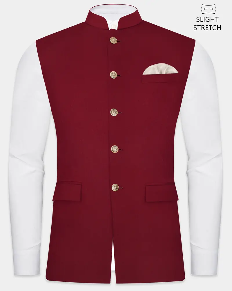 Crimsonace-Cherry Red Solid Wool Rich Slight Stretch Nehru Jacket 1