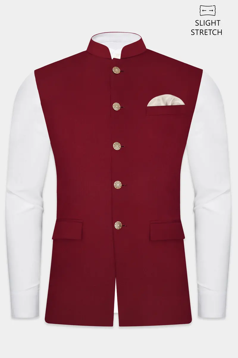 Crimsonace-Cherry Red Solid Wool Rich Slight Stretch Nehru Jacket 2