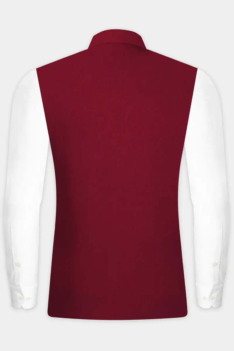 Crimsonace-Cherry Red Solid Wool Rich Slight Stretch Nehru Jacket 4