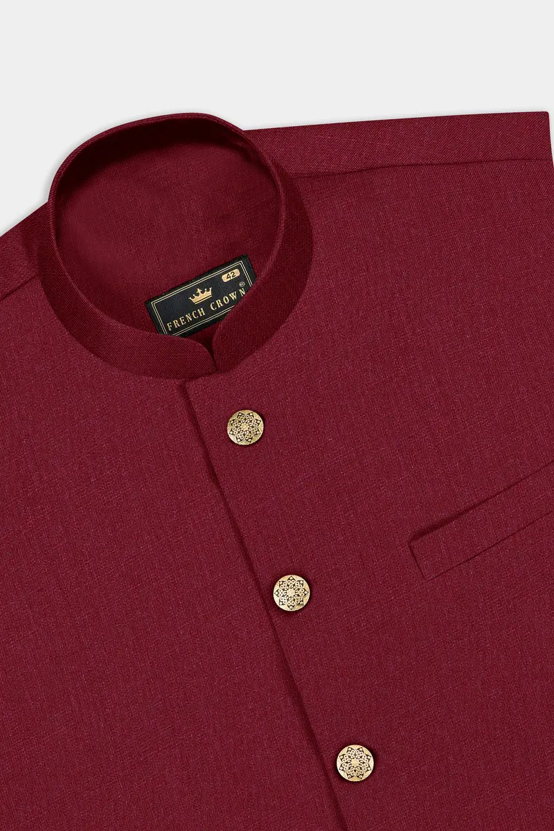Crimsonace-Cherry Red Solid Wool Rich Slight Stretch Nehru Jacket 5