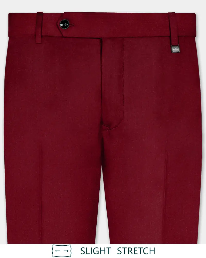 Crimsonace-Cherry Red Solid Wool Rich Slight Stretch Waistband Pant 1