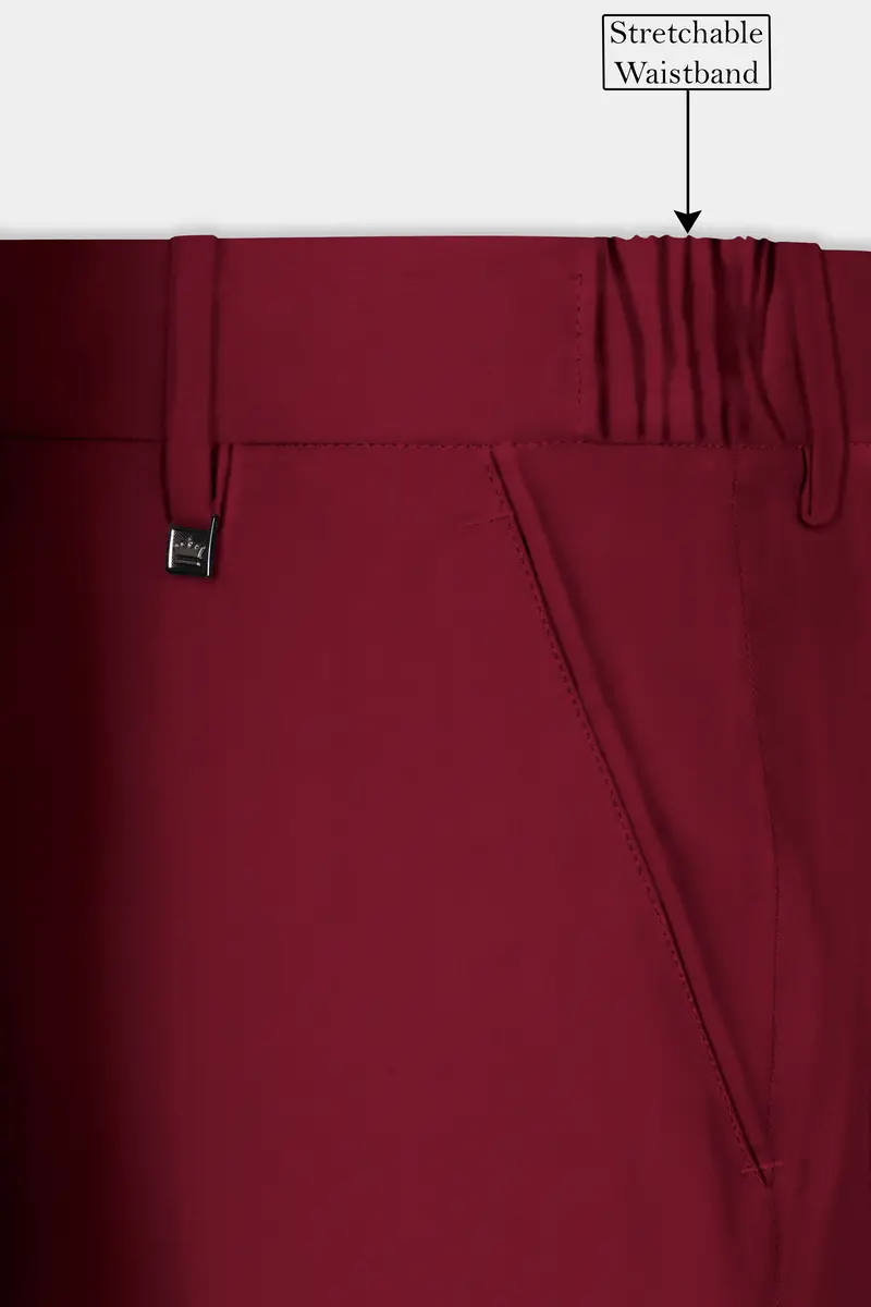 Crimsonace-Cherry Red Solid Wool Rich Slight Stretch Waistband Pant 6