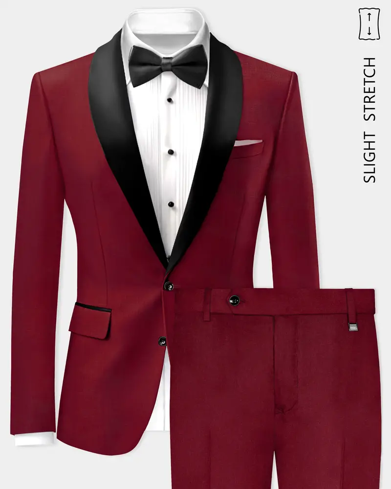 Crimsonace-Cherry Red Solid Wool Rich Tuxedo Slight Stretch Suit 1