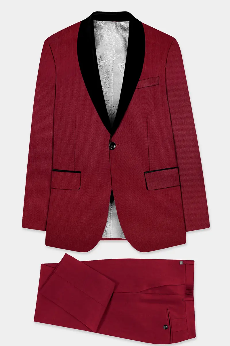 Crimsonace-Cherry Red Solid Wool Rich Tuxedo Slight Stretch Suit 11